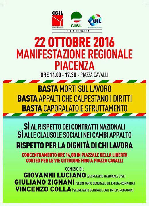 22 ottobre: per la prima volta, Cgil, Cisl e Uil chiamano una manifestazione Regionale a Piacenza PER LA DIGNITA' DI CHI LAVORA, CONTRO SFRUTTAMENTO, CAPORALATO E ILLEGALITà NEGLI APPALTI&nbsp;